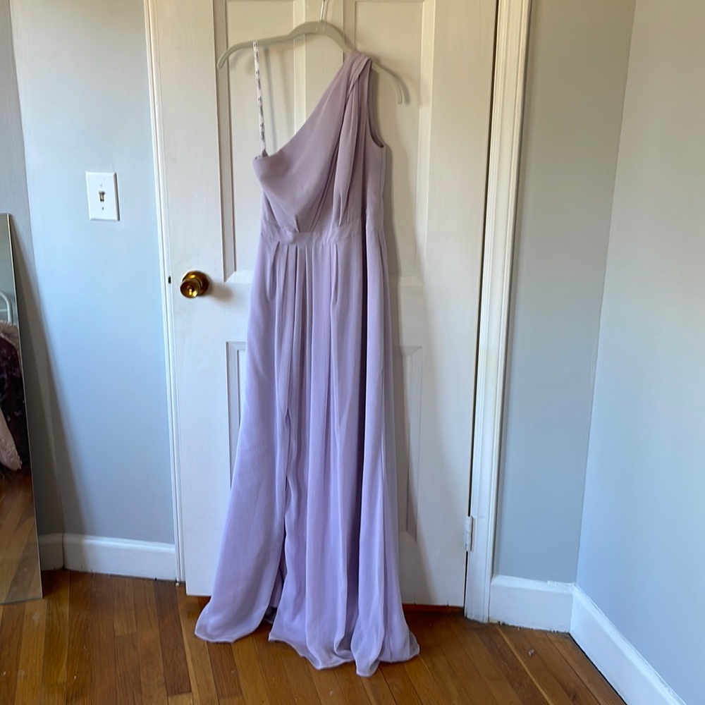 One shoulder David’s Bridal bridesmaid dress
